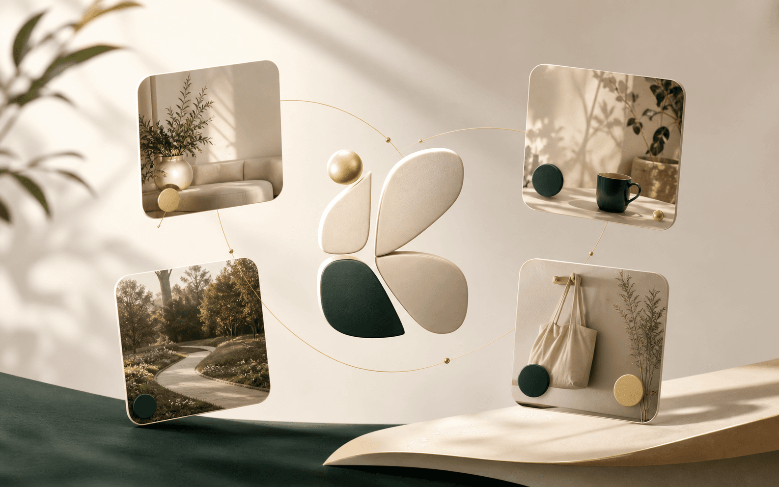 Abstract Keepsy Life visual with calm everyday moment cards around a central mark